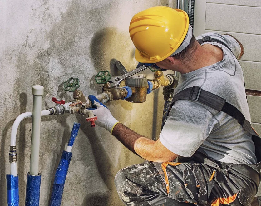 Person med gul hjelp som reparerer noen ødelagte rør i ett bygge prosjekt i sandefjord